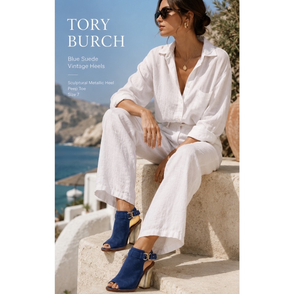 Tory Burch Blue Suede Peep Toe Slingback Heels Metallic Sculpted‎ Heel Size 7
